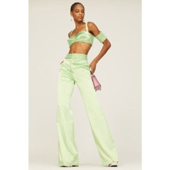 ALIÉTTE Women's Green Satin Front Zipper Closure Retro Wide Leg Pants Size 4 - Picture 1 of 16